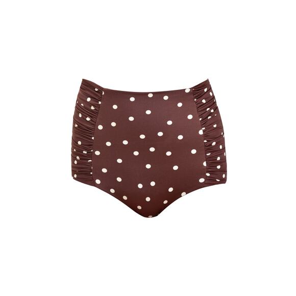 Johanna Ortiz Volcano Ruched Polka-Dot High-Waist Bikini Bottom - L - Brown - Picture 1 of 4